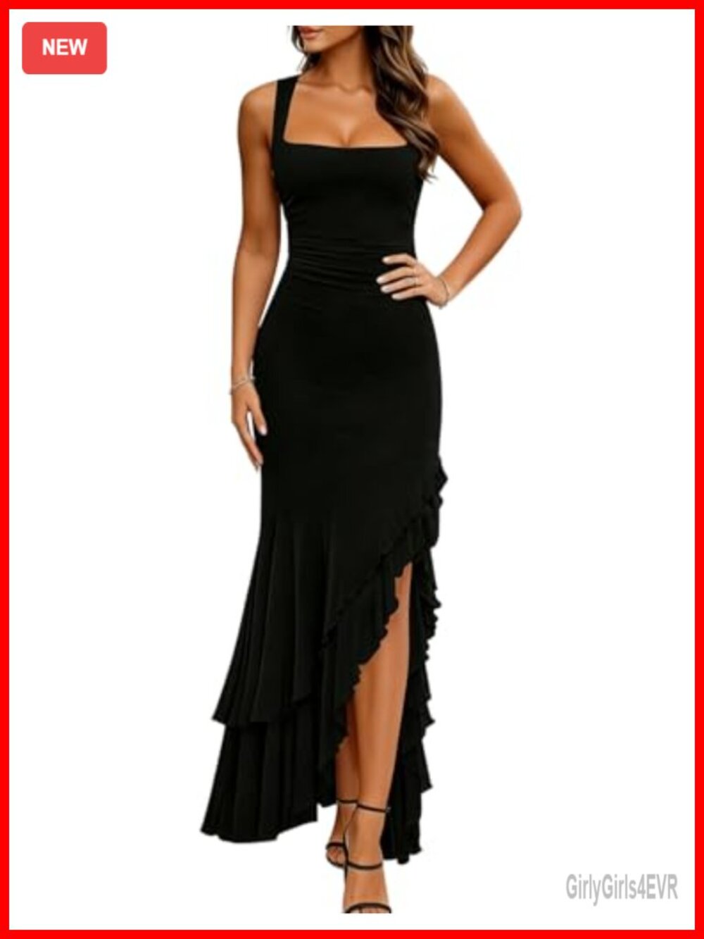 Womens Bodycon Maxi Dress Square Neck Ruched Mesh High Slit Prom Cocktail